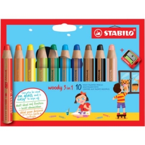 Matite colorate Stabilo Woody 3 in 1 punta larga - colori assortiti astuccio di cartone da 10 pz + temperino 880/10-2