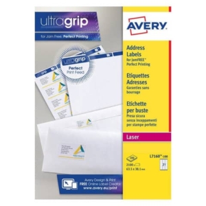 Etichette bianche per indirizzi AVERY Ultragrip? 63,5x38,1 mm - 21 et/foglio stampanti laser cf. 100 fogli L7160-100
