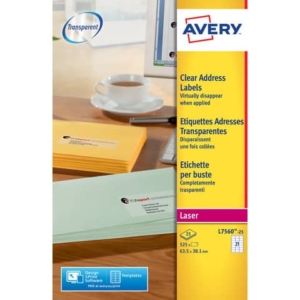 Etichette poliestere trasparenti lucide AVERY QuickPEEL? 63,5x38,1 mm - 21 et/foglio - laser conf. 25 ff L7560-25