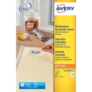Etichette bianche rimovibili AVERY 99,1x42,3 mm - 12 et/foglio - stampanti laser/inkjet Conf. 25 fogli L4743REV-25