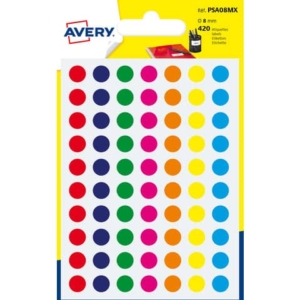 Etichette rotonde colorate AVERY colori assortiti Ø 8 mm - 70 et/foglio - scrivibili a mano Conf. 6 fogli PSA08MX