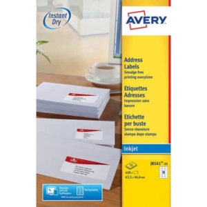 Etichette bianche per buste AVERY QuickDRY? 63,5x46,6 mm - 18 et/foglio - stampanti inkjet - cf. 25 fogli J8161-25