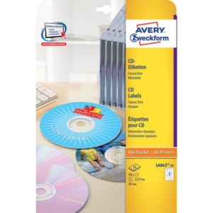 Etichette per CD AVERY finitura coprente a foro largo - Ø 117 mm - 2 et/foglio - per Laser - conf. 25 fogli - L6043-25