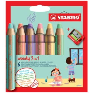 Matite colorate Stabilo Woody 3 in 1 punta larga conf. 6 colori Pastel assortiti 8806-3