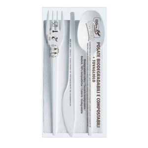 Set forchetta + coltello + cucchiaio + tovagliolo  Dopla Tris ESTABIO - 33x33 cm 2 veli - conf. 100 pz - 3908