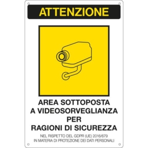 Cartello area video 20x30 cm Immagine gialla Cartelli Segnalatori ''Area sottoposta a videosorveglianza'' - 33378