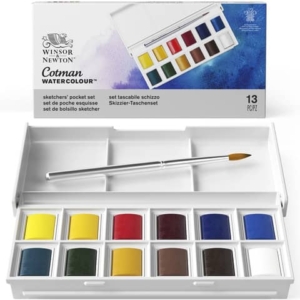 Set acquerelli Winsor&Newton Cotman Sketchers 12 mezzi godet + pennello colori assortiti - 0390640