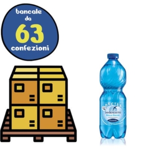 Bancale 63 confezioni da 24 bottigliette di acqua minaerale frizzante San Benedetto da 500 ml, proveniente dalle Alpi Biellesi.