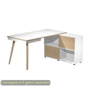 Scrivania Maxi su mobile contenitore e gambe rastremate in legno bianco/rovere 160x140xH.81,5 cm  - 19130-DK-3C-AQ