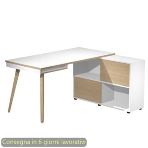 Scrivania Midi su mobile contenitore e gambe rastremate in legno bianco/rovere 130x120xH.81,5 cm - 20080-DK-3C-AQ