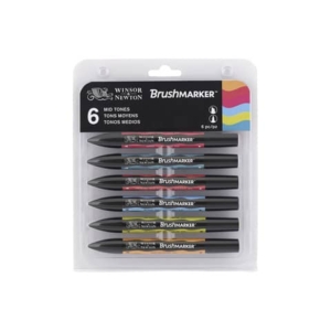 Pennarelli Winsor&Newton Promarker Brush doppia punta scalpello-pennello - conf. 6 pz toni medi - 0290124