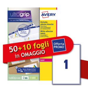Etichette bianche Avery Ultragrip & Jamfree? adesivo permanente laser 1 et./foglio conf. 50+10 ff OMAGGIO