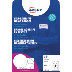 Badge adesivi per tessuti rotondi Avery Ø 65 mm - 8 et/foglio - stampanti inkjet Conf. 20 fogli -  J4881-20