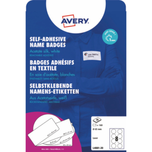 Badge adesivi per tessuti rotondi Avery Ø 65 mm - 8 et/foglio - stampanti laser Conf. 20 fogli - L4881-20