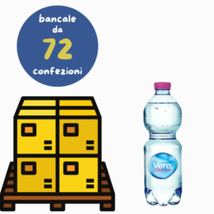 Bancale composto da 72 confezioni da 24 bottiglie realizzate in PET di Acqua Vera naturale nella versione 500 ml. Formato ''On The Go'' ideale per essere trasportato ovunque: a scuola, al lavoro oppure in viaggio.
