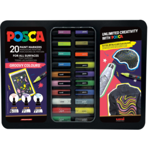 Valigetta in metallo Posca Groovy Colours da 20 marcatori a tempera - colori assortiti - M GROOVY 20P