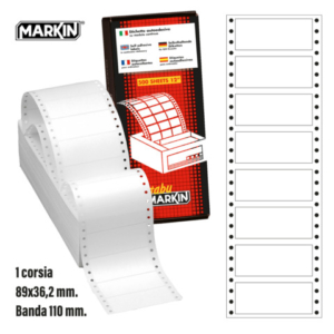 Etichette autoadesive bianche permanenti a modulo continuo 1 corsia Markin 4.000 etichette - 89x36,2 mm - conf. 500 fogli