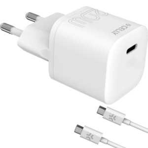Caricatore da parete Celly USB-C + cavo USB-C / USB-C in gomma - bianco PC2TC20WUSBCCAB