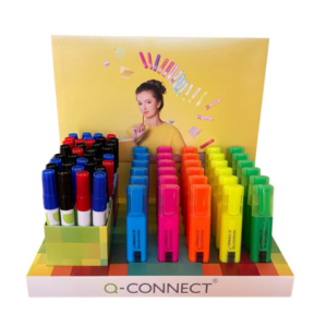 Non rinunciare alla qualità Q-Connect! Un nuovo espositore di evidenziatori e marcatori per essere sempre forniti con i migliori prodotti di scrittura. 150 evidenziatori e 80 marcatori per un totale di 230 prodotti pronti da esporre in un display da banco colorato. Codice composto da struttura e contenuto. Assortimento nel dettaglio: evidenziatori Q-Connect 1,5-5 mm nei colori arancione, blu, giallo, rosa e verde; marcatori permanenti Q-Connect con fusto in metallo e punta conica da 4 mm nei colori nero, rosso, blu e verde. Dimensioni: L 31 x P 20 x H 28 cm.