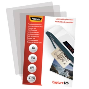 Pouches per plastificatrici Fellowes Standard Capture125 finitura lucida - 2x125 µm - A6 - Conf. 100 pezzi 5307201