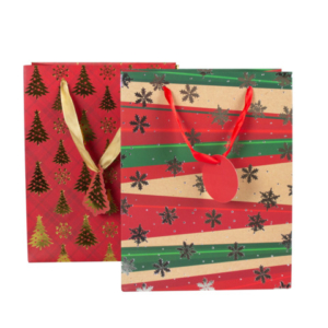 Shopper natalizia 23x18x10 cm alberelli e fiocchi di neve con dettagli oro/argento e cartellino - conf. 12 pz