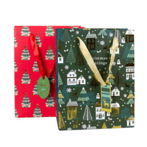 Shopper natalizia 23x18x10 cm alberelli e paesaggio cittadino con dettagli oro/argento e cartellino - conf. 12 pz