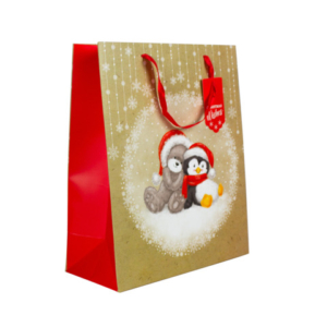 Shopper natalizia 32x26x12 cm orsetti con dettagli oro e cartellino - conf. 12 pz - 377478