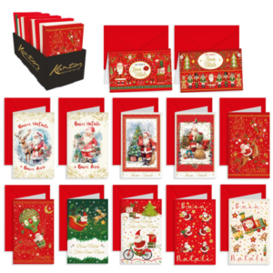 Espositore 120 biglietti augurali natalizi Kartos Santa Claus 8,5x13,5 cm - 12 soggetti ass.ti - 04497900